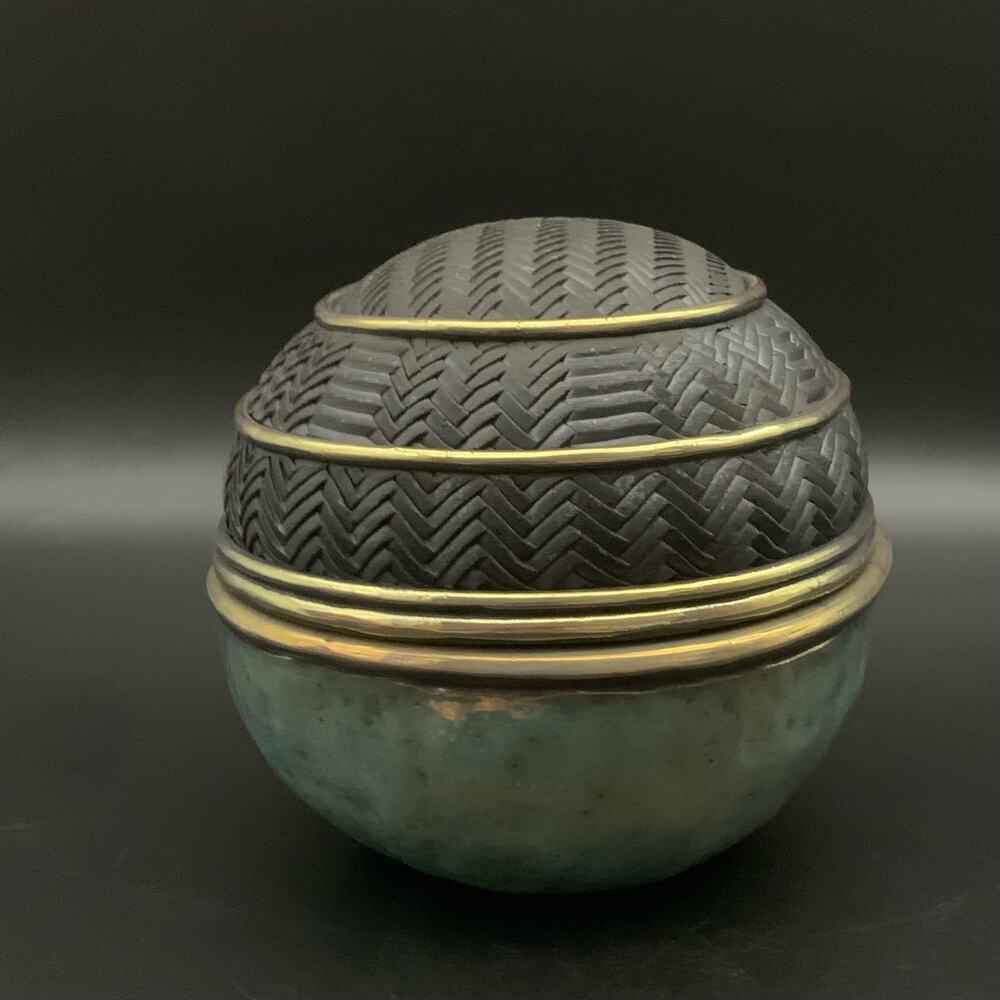 Candone Wharton Raku Pottery Basketweave & Glaze Vessel Bowl SIGNED with Lid - Picture 5 of 16